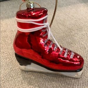 Red Glass Ice Skate with Lace Bow Tie Christmas Ornament